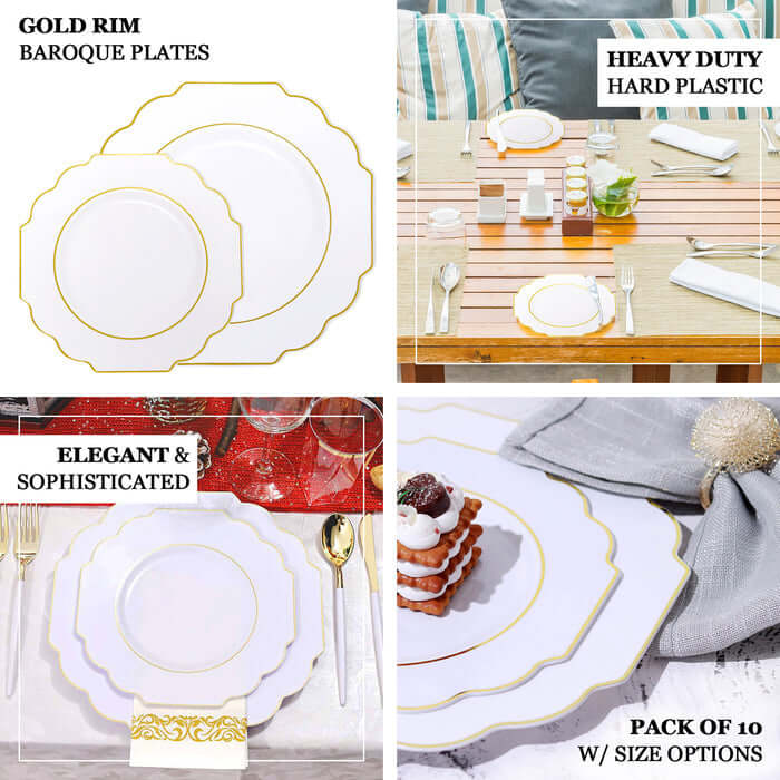 10-Pack Heavy-Duty Disposable Hunter Emerald Green Baroque Dinner Plates with Scalloped Gold Rim