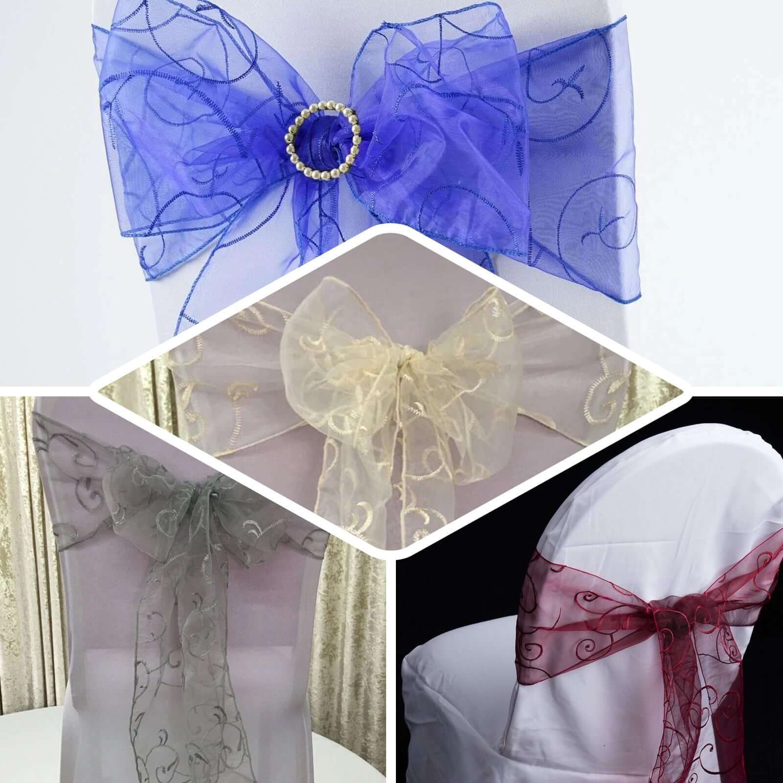 Get 5-Pack Royal Blue Organza Chair Sashes with Satin Leaf Embroidery - Reusable & Sheer 7x108