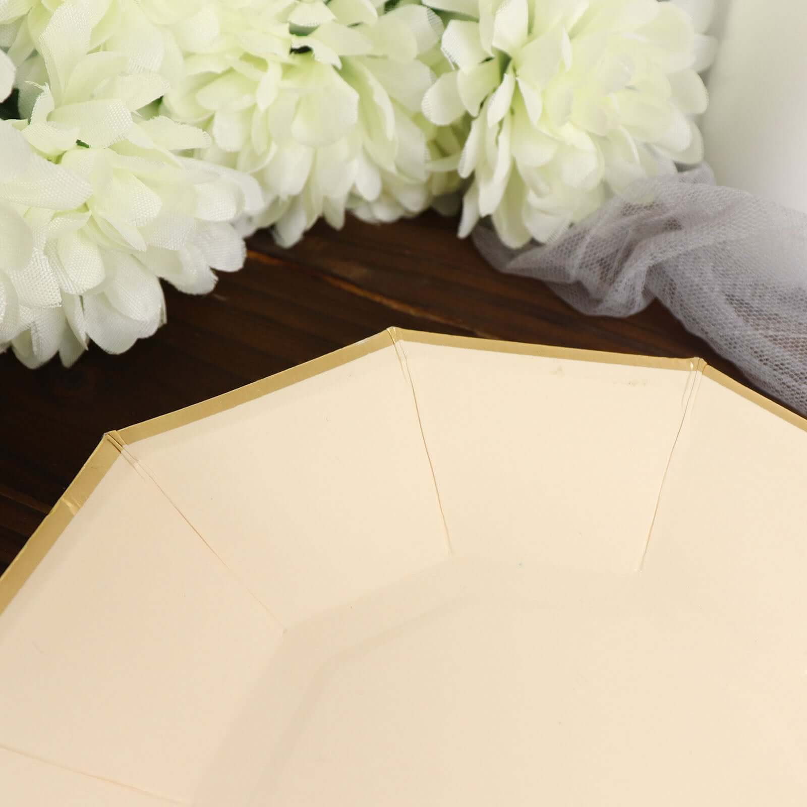 Get 25-Pack of 7-Inch Beige Paper Appetizer Plates with Stylish Gold Foil Rim