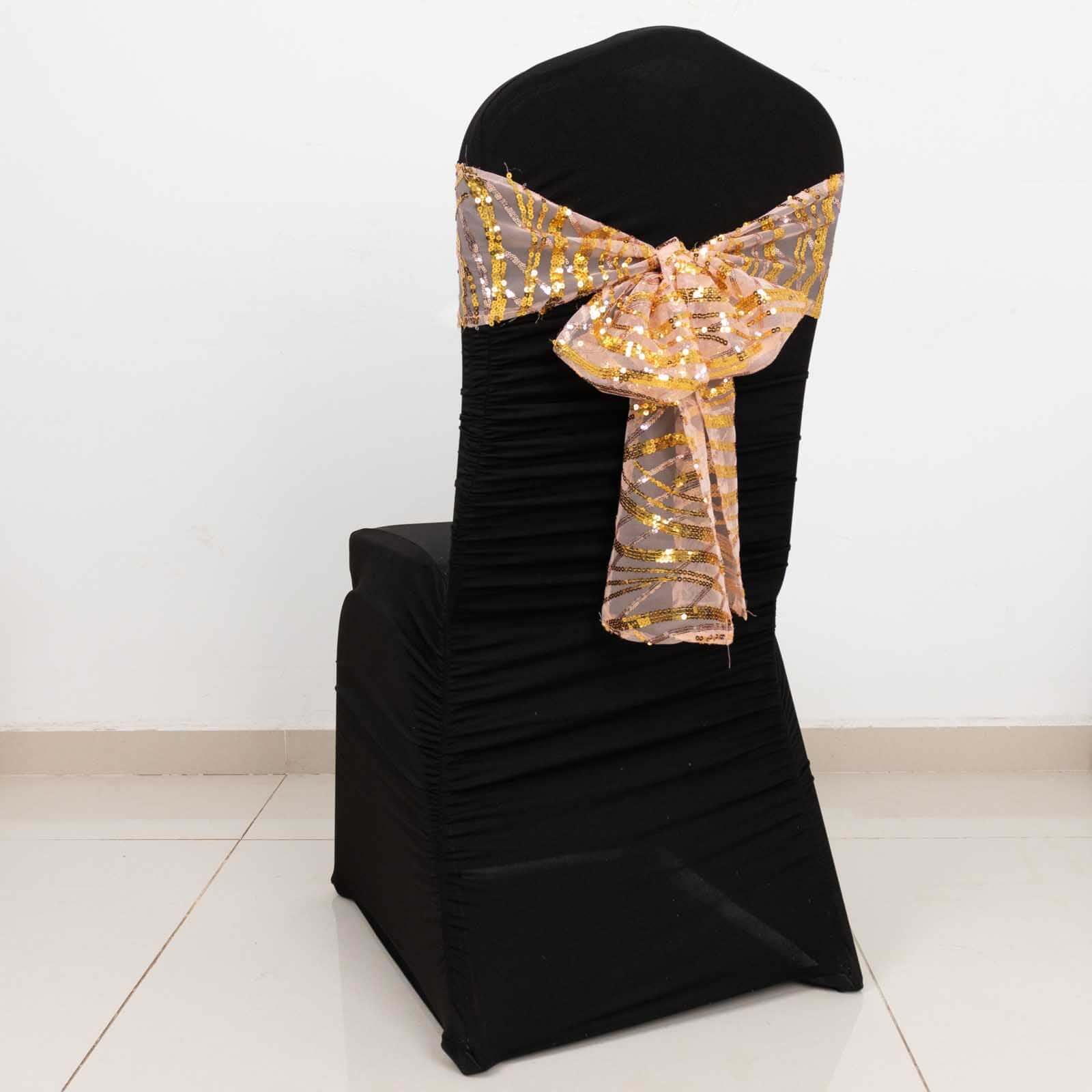 5-Piece Set of Rose Gold/Gold Chair Sashes with Sparkling Wave Embroidered Sequins, 6x88