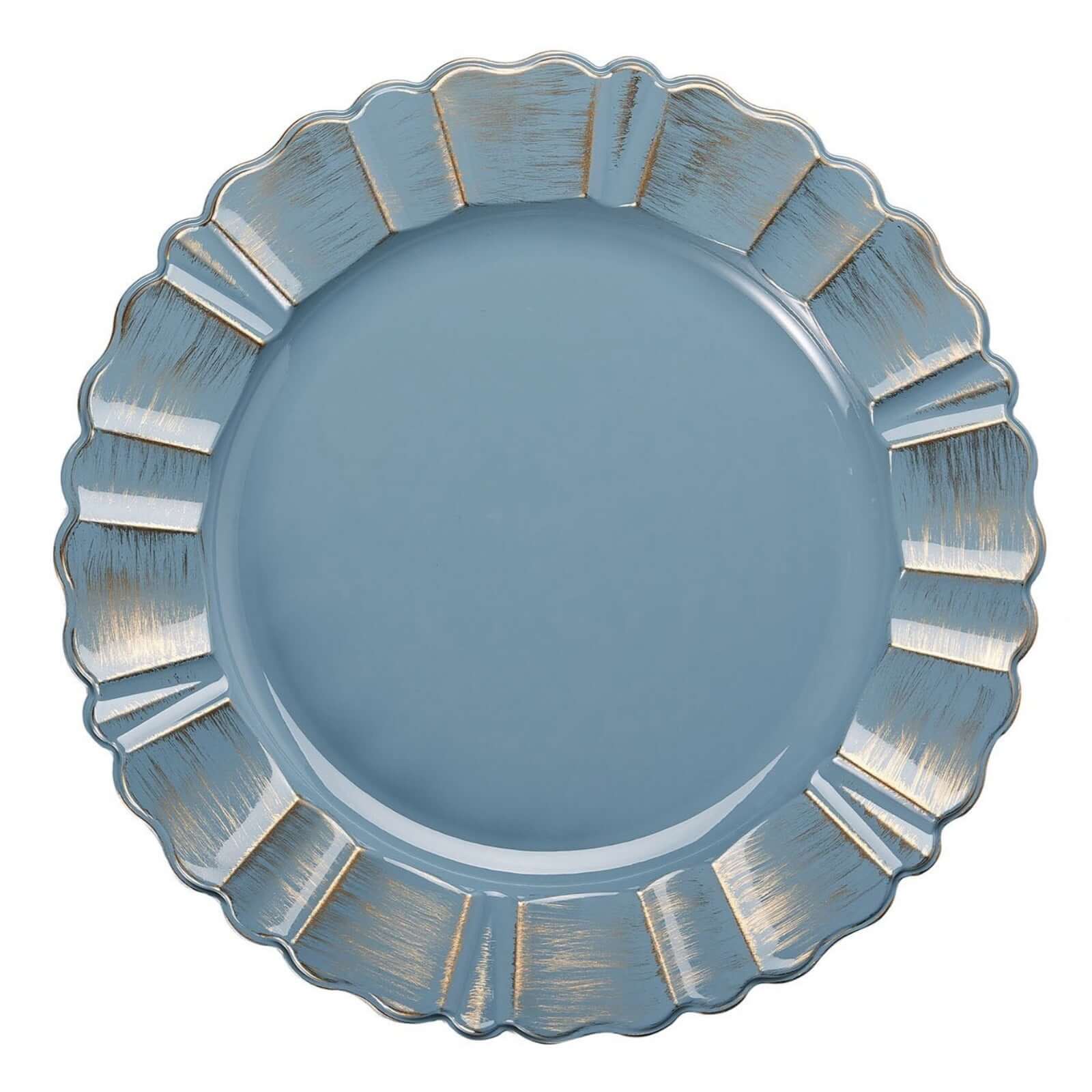 6-Piece Set of 13-Inch Dusty Blue Acrylic Plastic Round Charger Plates with Gold-Brushed Scalloped Rim for Dinner Parties