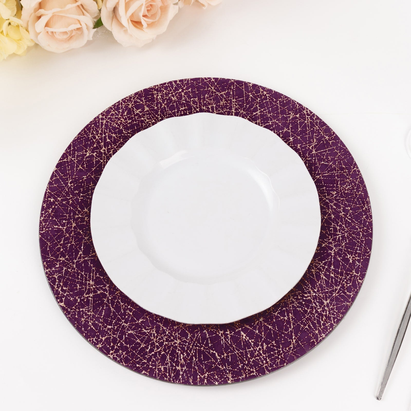 6-Piece Set of 13-Inch Purple Acrylic Round Charger Plates with Gold Glitter Abstract Design - Ideal for Parties