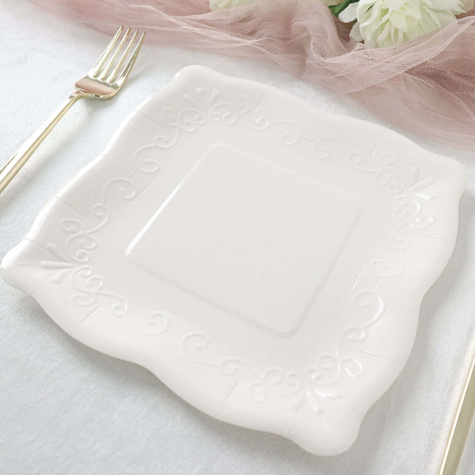 25-Pack Disposable White Square Dinner Plates with Vintage Pottery Embossed Design - Great Value!