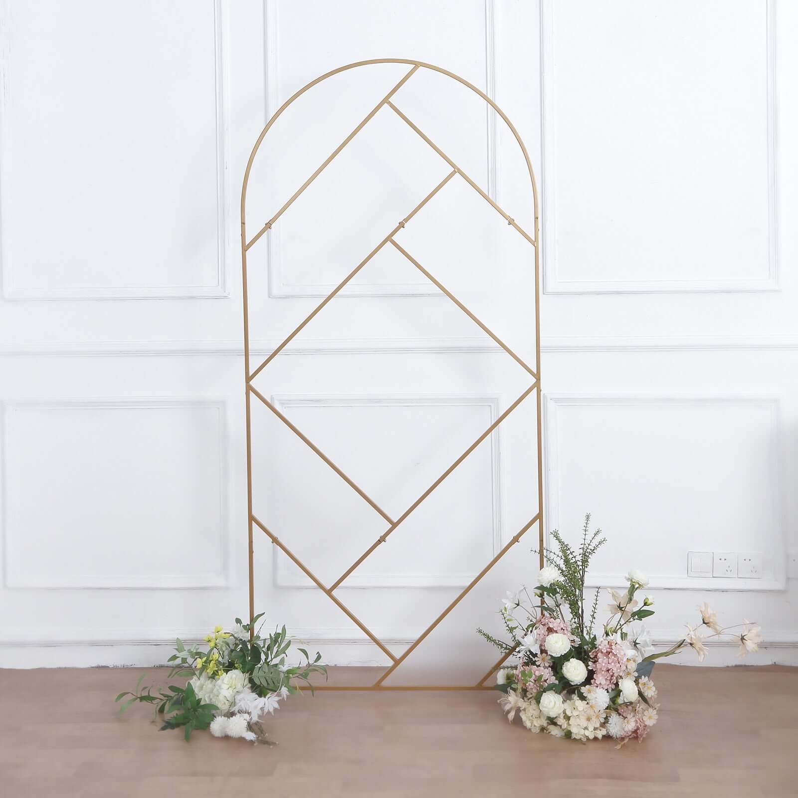 7ft Tall Gold Metal Geometric Flower Frame Prop Stand - Ideal for Weddings!