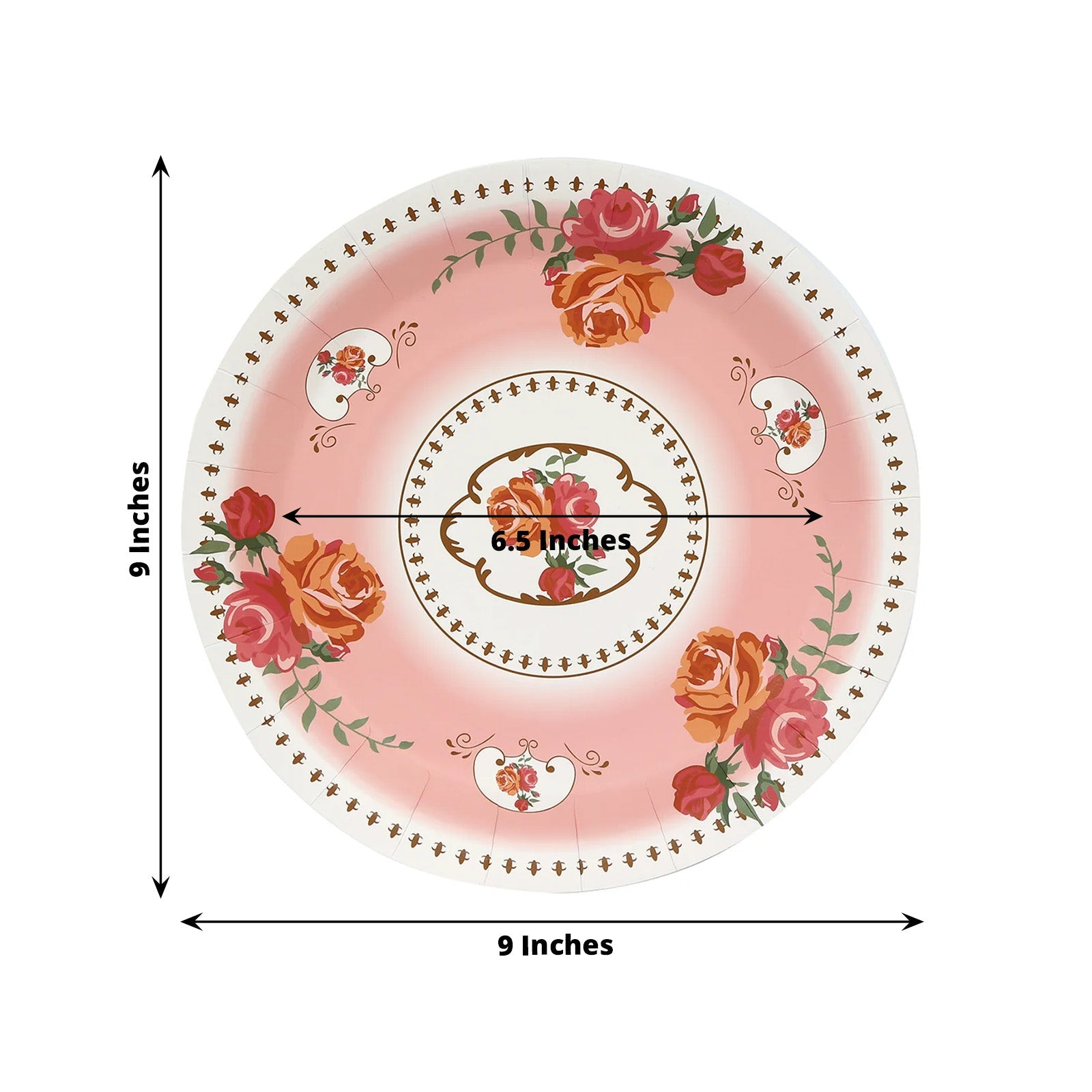 25-Pack 9-Inch Dusty Rose Vintage Rose Print Disposable Paper Dinner Plates - High Quality!