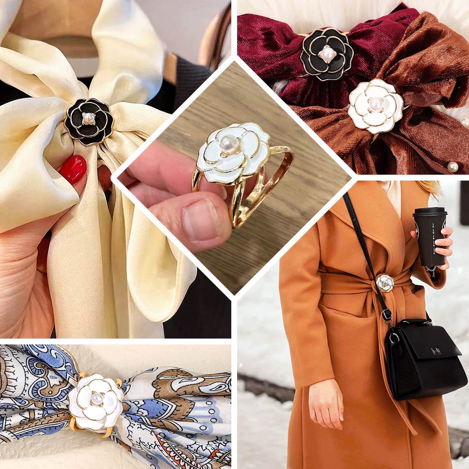 Get 10-Pack Black 3D Rose Shaped Metal Chair Sash Pin Buckles - Stylish Pearl Floral Napkin Rings with Gold Rim