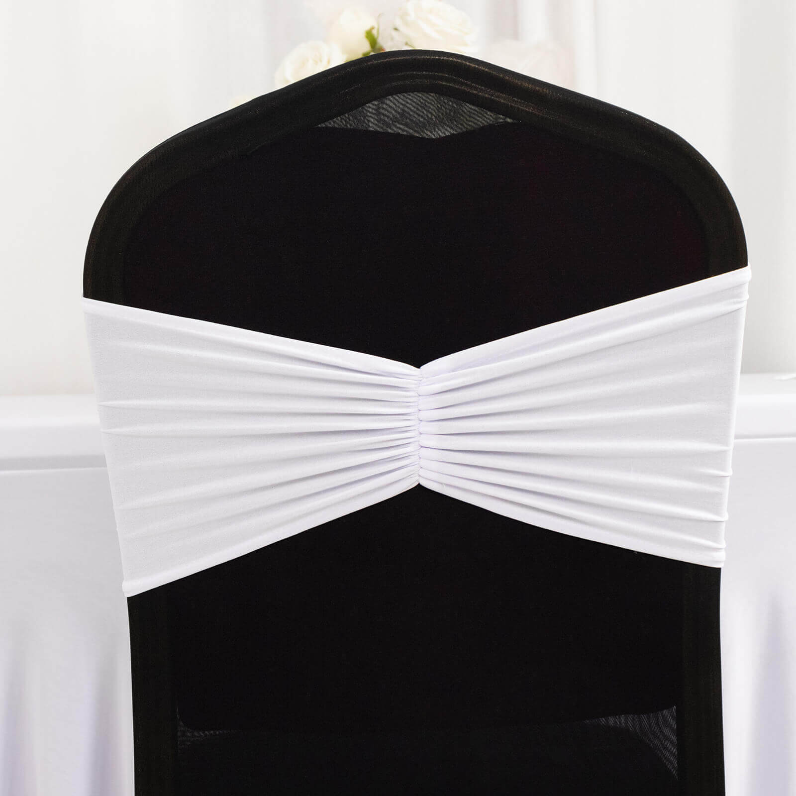 5-Pack White Ruffled Spandex Chair Sashes - Wide Stretch Bands for Elegant Weddings and Events