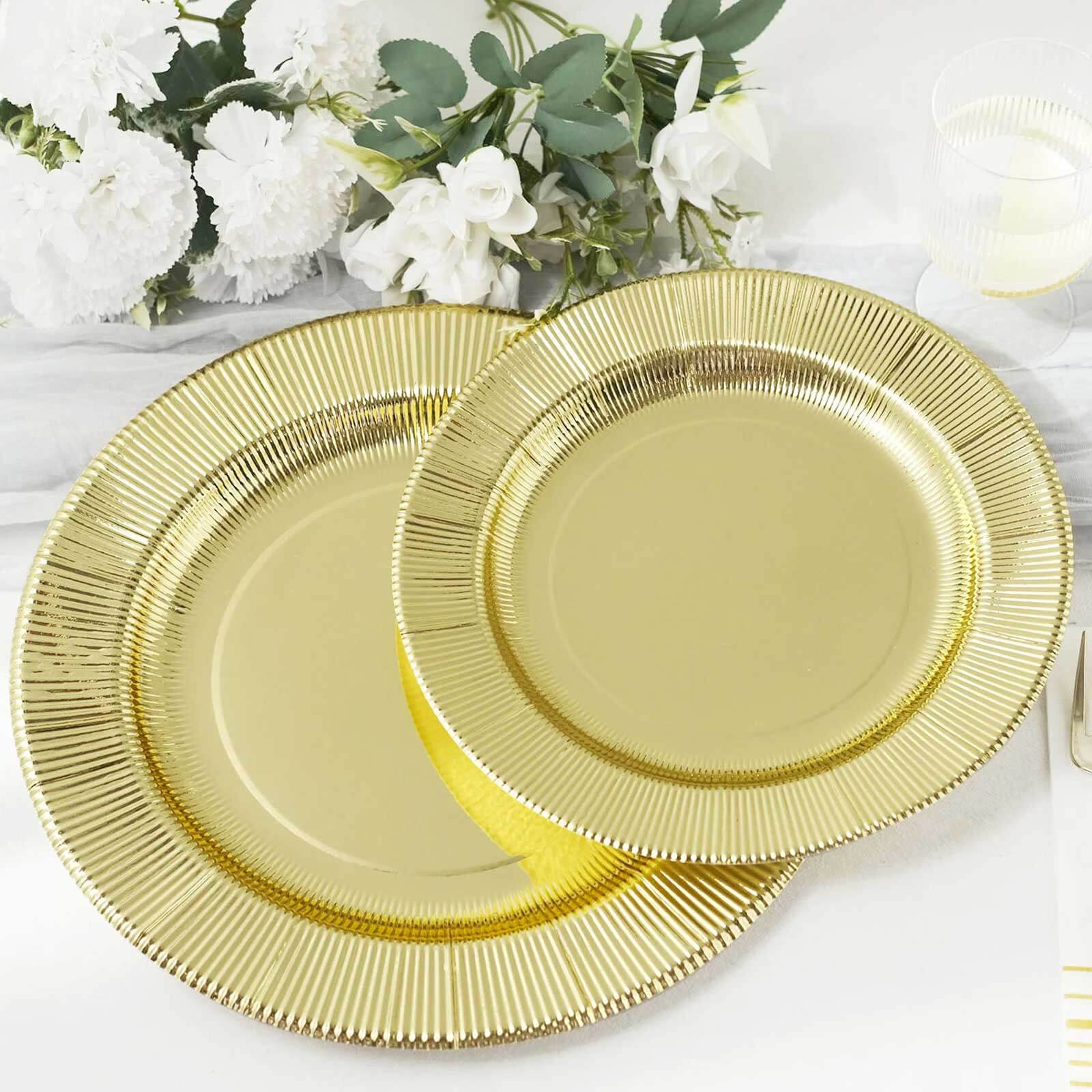 25-Piece Set of Disposable 8-Inch Round Metallic Gold Sunray Design Paper Dessert Plates - Heavy Duty 350GSM