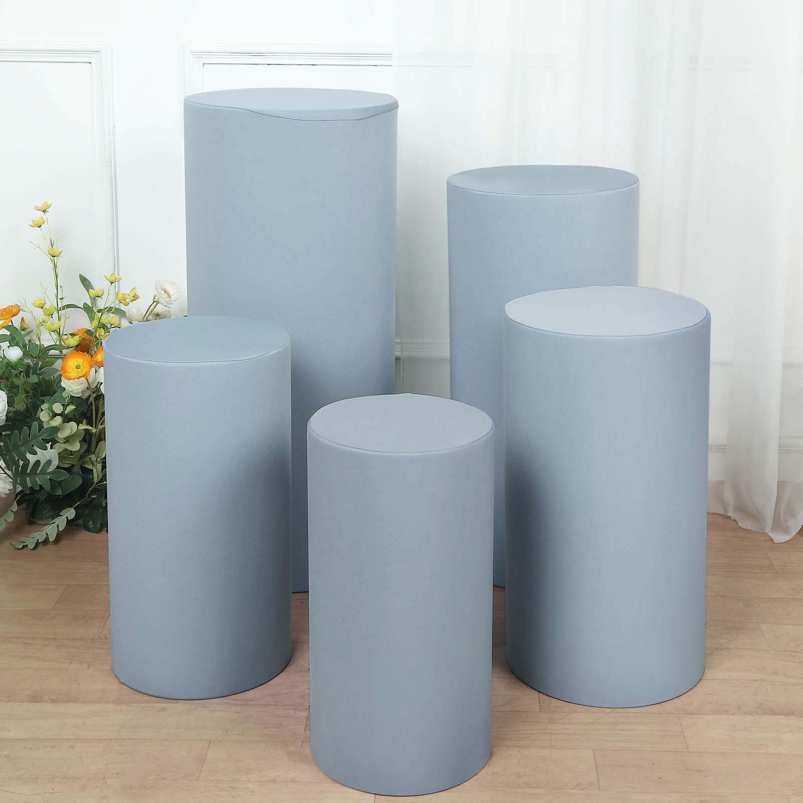5-Piece Set of Stretchy Dusty Blue Spandex Cylinder Pedestal Stand Covers - 160 GSM