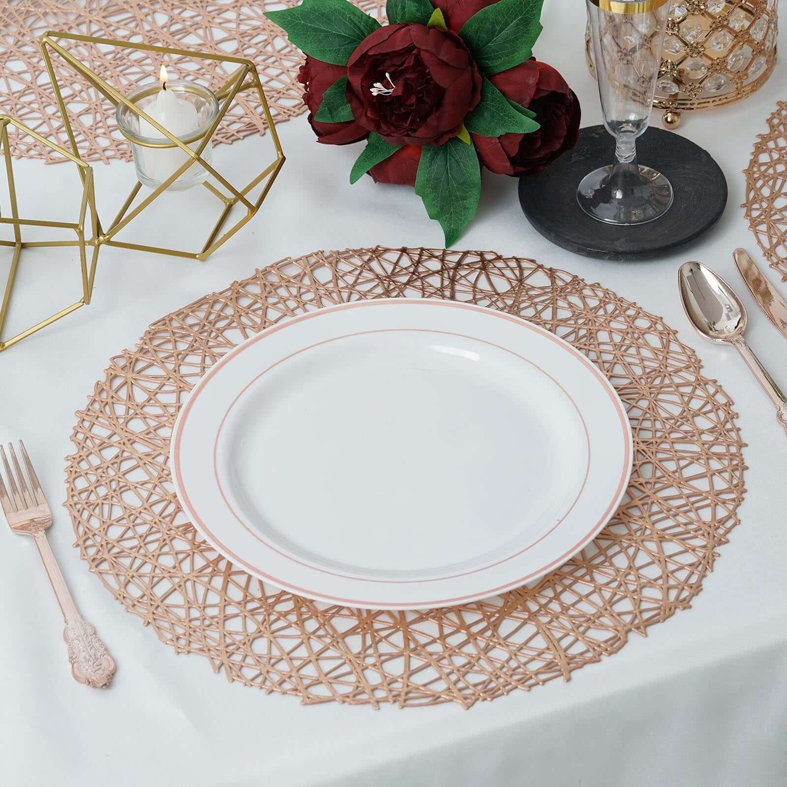 Hot Sale! 6-Piece Set of Durable Rose Gold Vinyl Round Dining Table Placemats with Woven Design