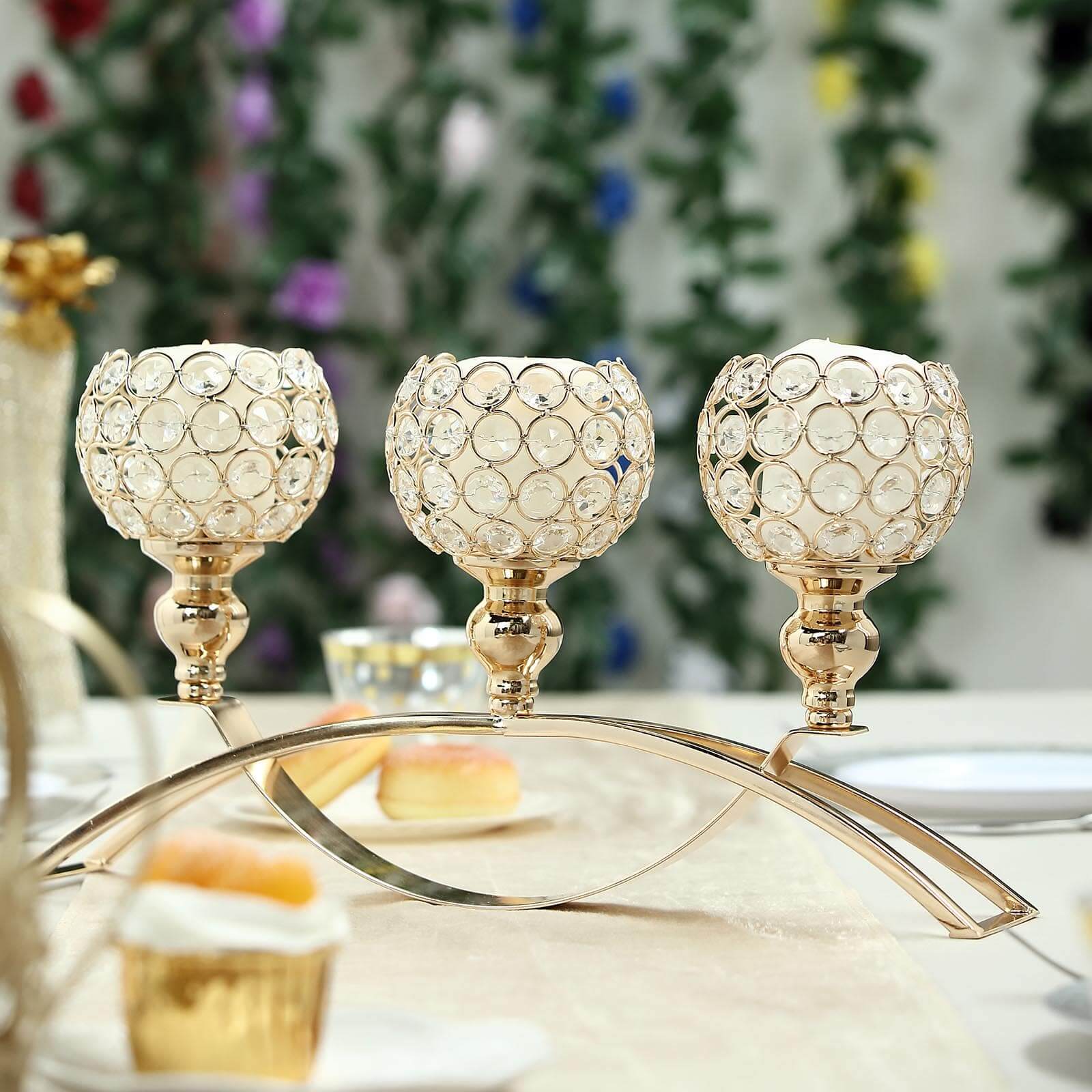 Chic Gold 3-Arm Arch Bridge Candelabra with Crystal Beads - Ideal Table Centerpiece for Events
