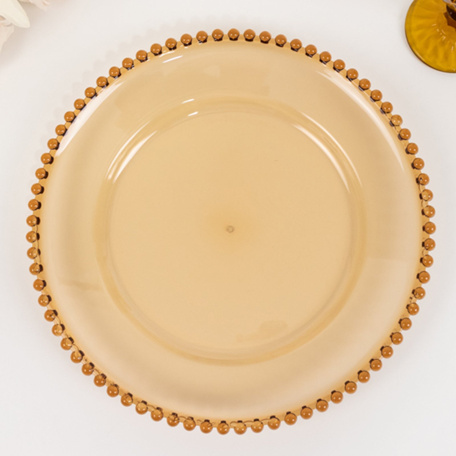 Set of 6 Acrylic Round 13-inch Amber Gold Charger Plates with Beaded Edging for Dinner Parties