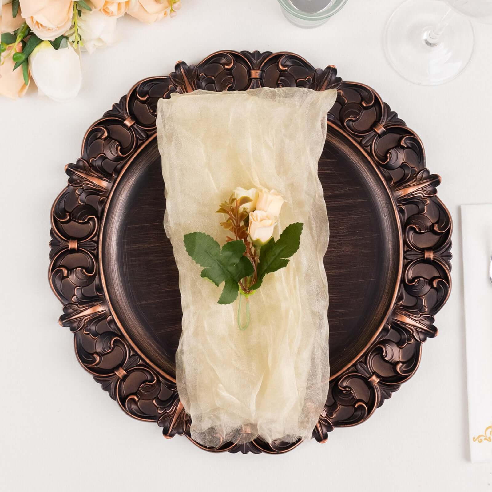 5-Pack Champagne Crinkled Organza Dinner Napkins for Rustic Parties and Weddings