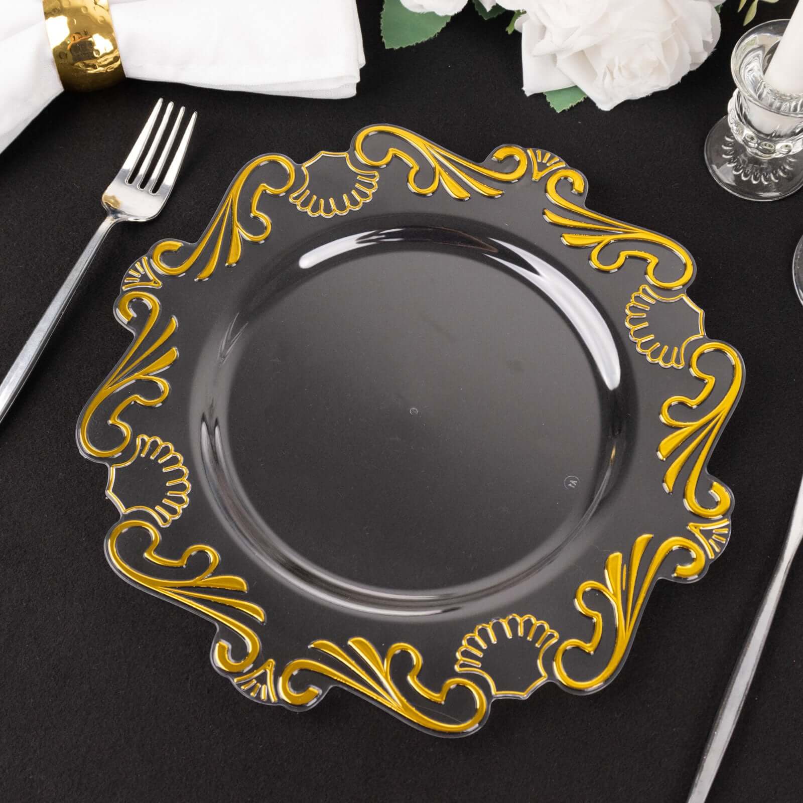 10-Pack Clear Plastic Round Dinner Plates with Gold Vintage Baroque Scalloped Rim - Ideal for Parties