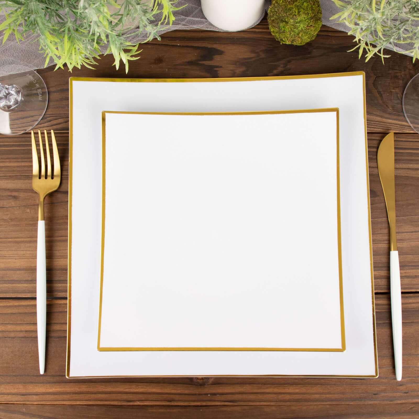 Hot Deal! 10-Pack White Concave Square Plastic Dessert Plates with Gold Rim - Ideal for Weddings & Special Events
