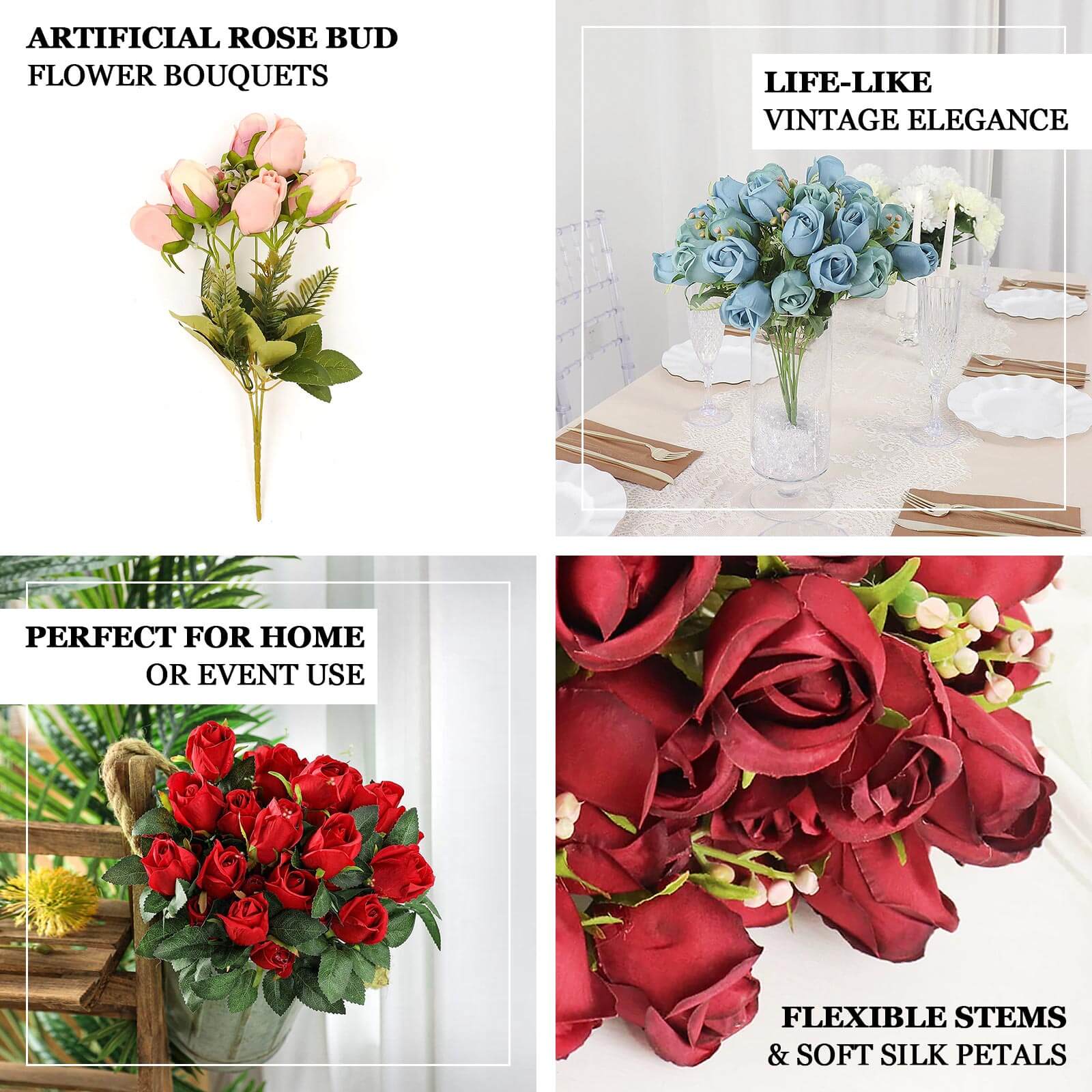 Hot Deal! 3-Pack 13" Dusty Blue Real Touch Silk Rose Bud Bridal Bouquets