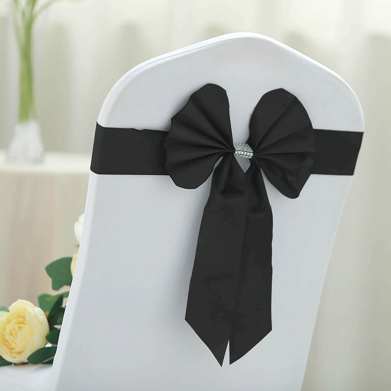 5-Pack Black Satin Faux Leather Chair Sashes with Diamond Rhinestone Buckles - Luxurious Party Decor