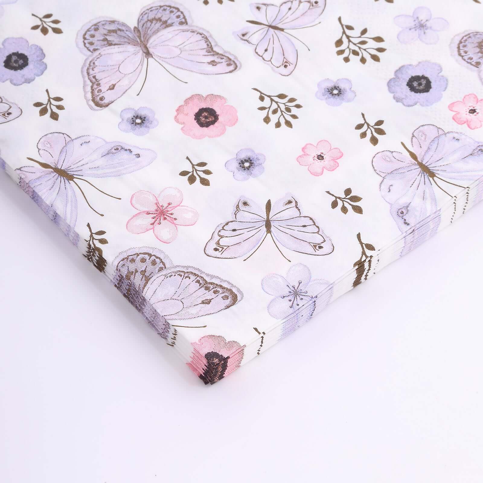 20-Pack 2-Ply Soft 18GSM Ivory Paper Beverage Napkins with Lavender Butterfly Floral Design for Garden Weddings