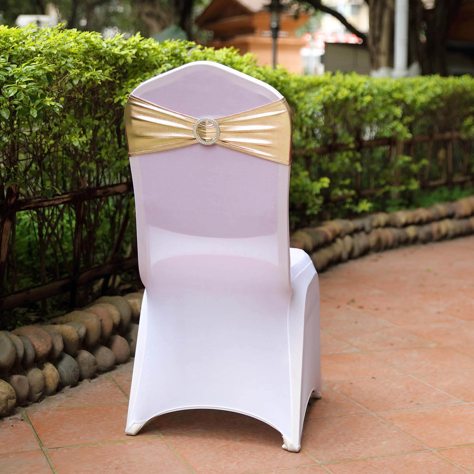 5-Pack Champagne Metallic Spandex Chair Sashes with Round Diamond Buckles - Stretch Fit!