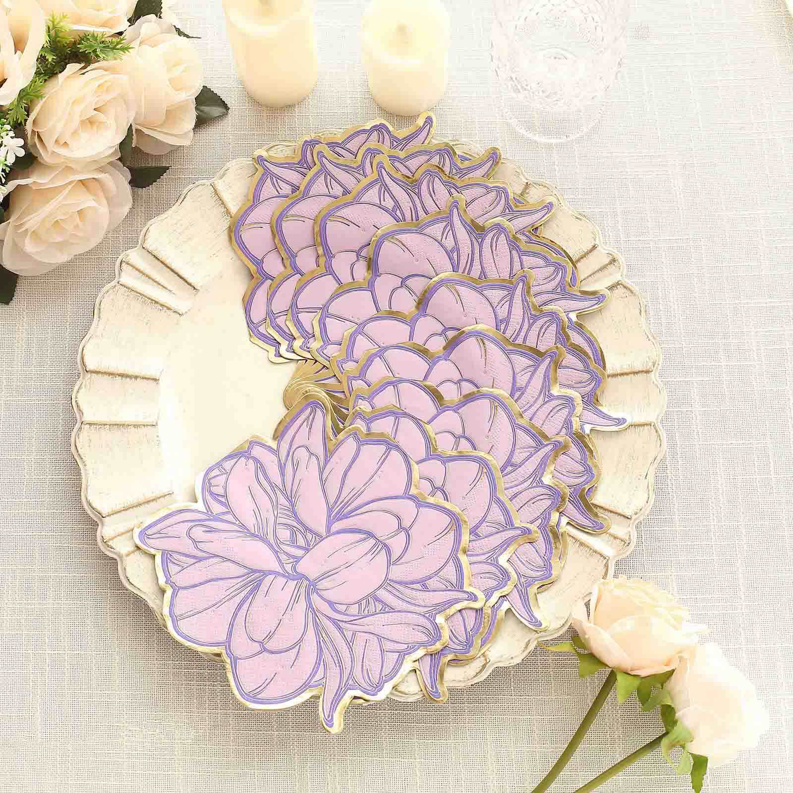 Get 20-Pack Disposable Cocktail Paper Napkins with Purple Peony & Gold Edges for Parties