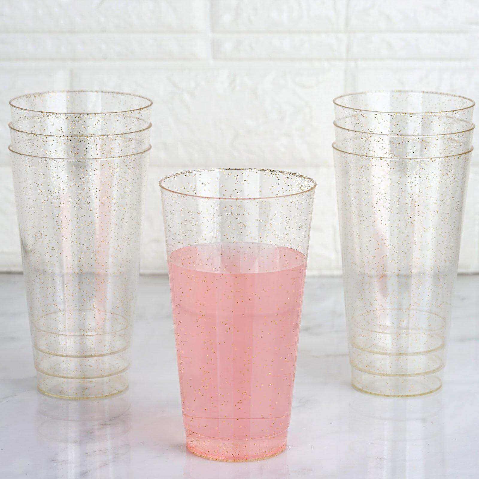 12-Piece Set of Durable Disposable 17oz Clear Plastic Party Cups with Gold Glitter