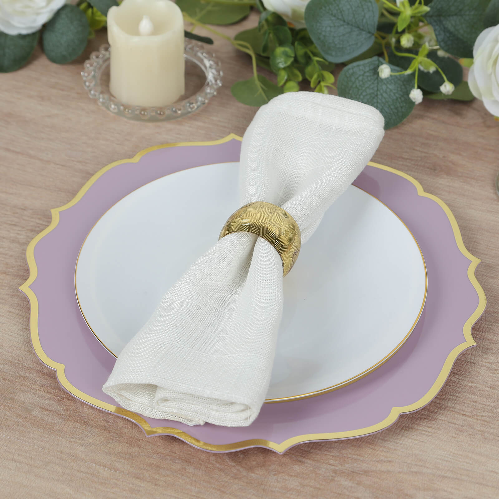 10-Piece Disposable Plastic Round Dinner Plates in Lavender Lilac with Gold Scalloped Edges