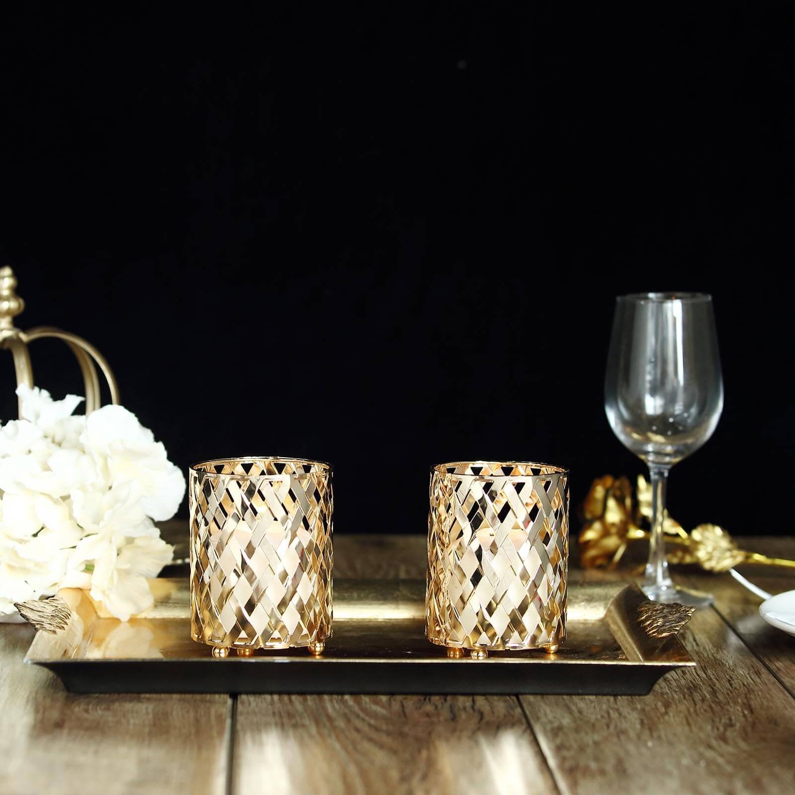 2-Piece Gold Metal Votive Candle Holders with Diamond Cut Geometric Design for Home and Events