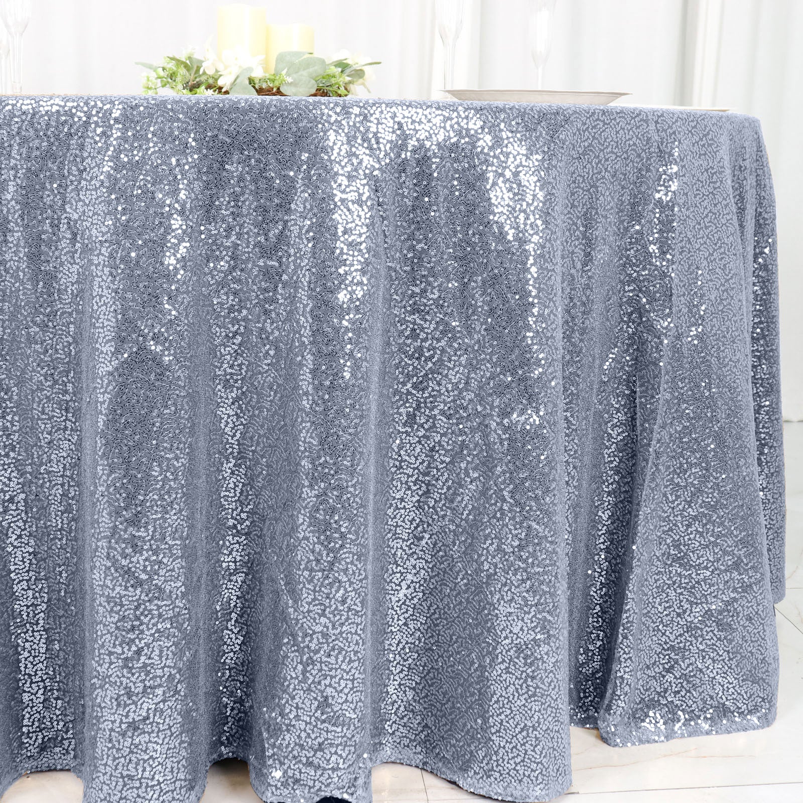 Hot Sale! 120-Inch Dusty Blue Seamless Sequin Round Tablecloth for 5-Foot Tables