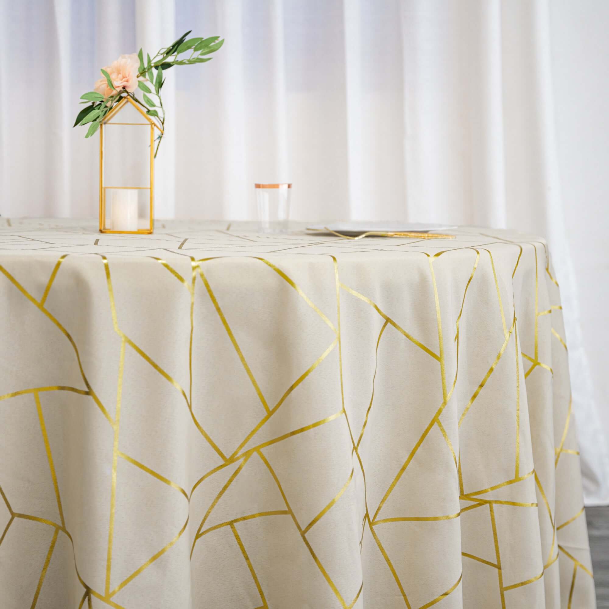 Exclusive Beige Polyester 120 Round Tablecloth with Gold Foil Geometric Pattern - Wrinkle-Resistant