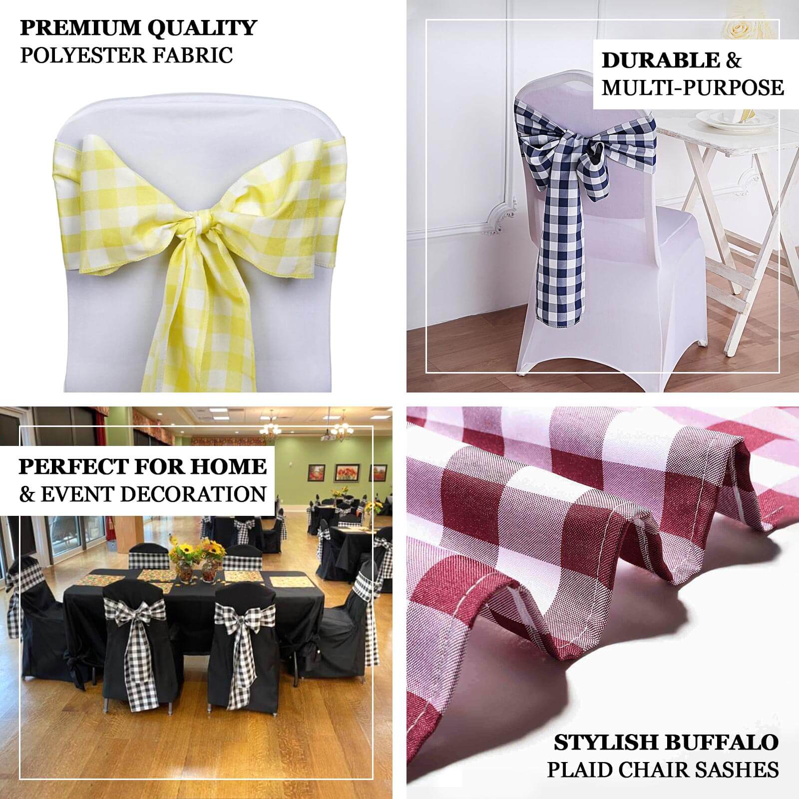 Get 5-Pack Durable & Reusable Navy Blue/White Buffalo Plaid Polyester Chair Sashes