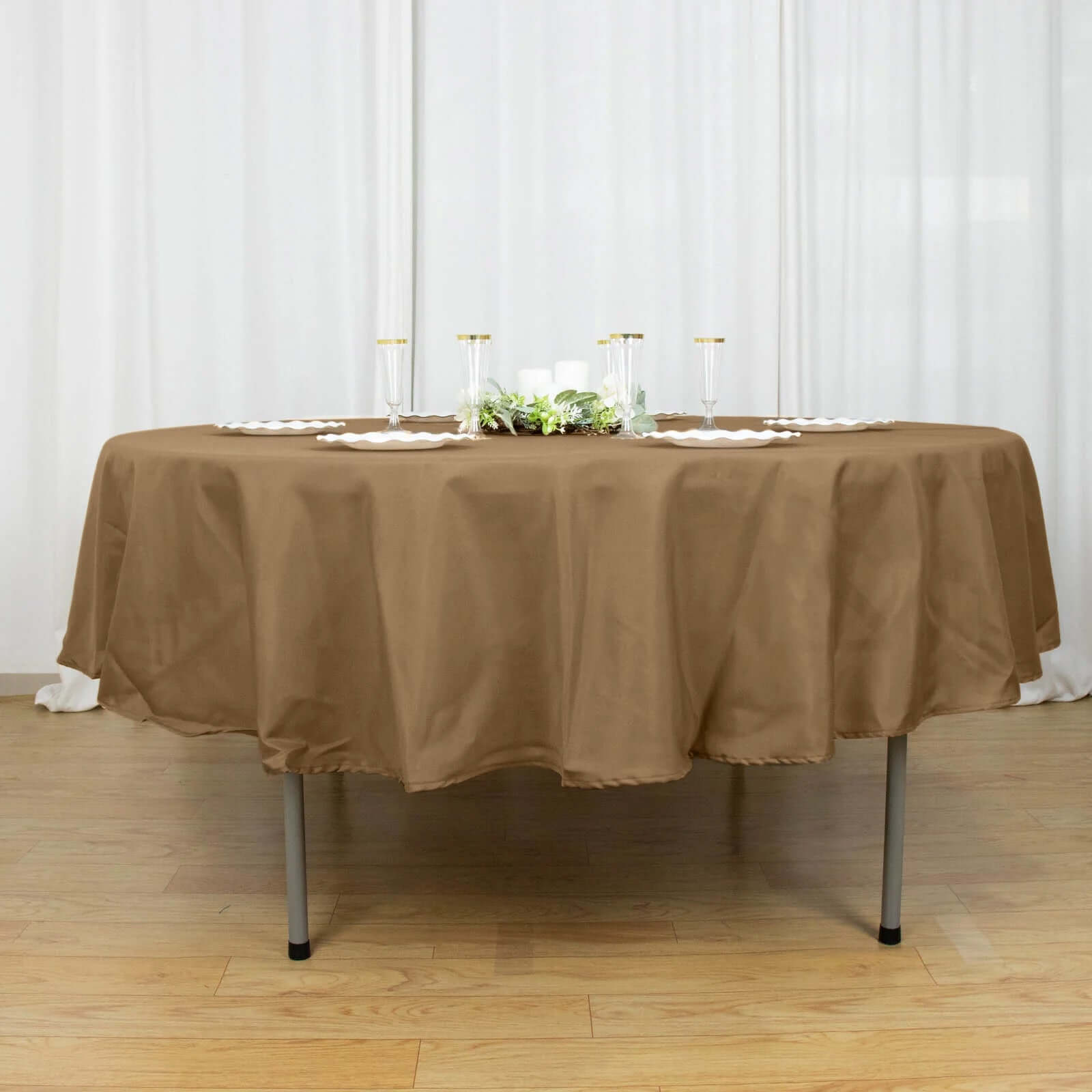 Taupe 90-Inch Polyester Round Tablecloth: Stain & Wrinkle-Resistant