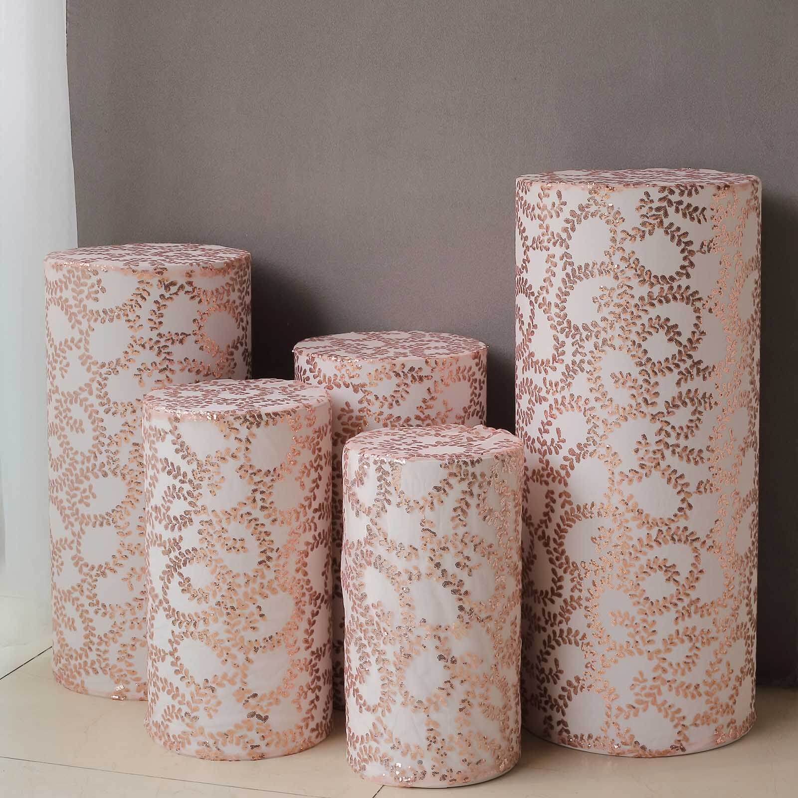 Set of 5 Sparkly Rose Gold Sequin Mesh Cylinder Pedestal Covers with Leaf Vine Design