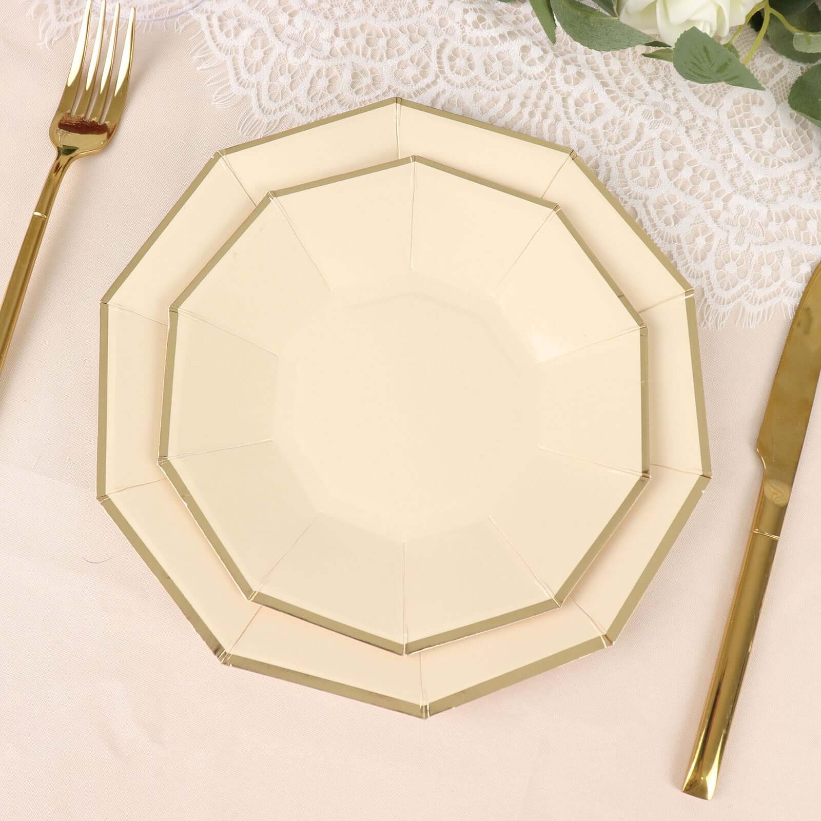 Get 25-Pack of 7-Inch Beige Paper Appetizer Plates with Stylish Gold Foil Rim