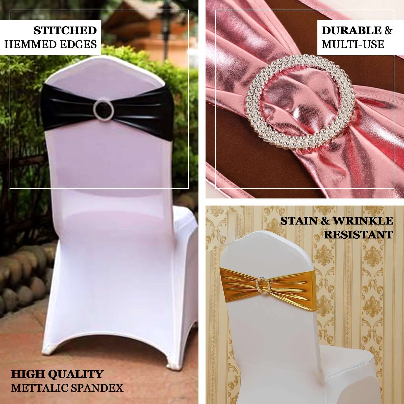 Hot Deal! 5-Piece Set of Fuchsia Metallic Spandex Chair Sashes with Round Diamond Plastic Buckles