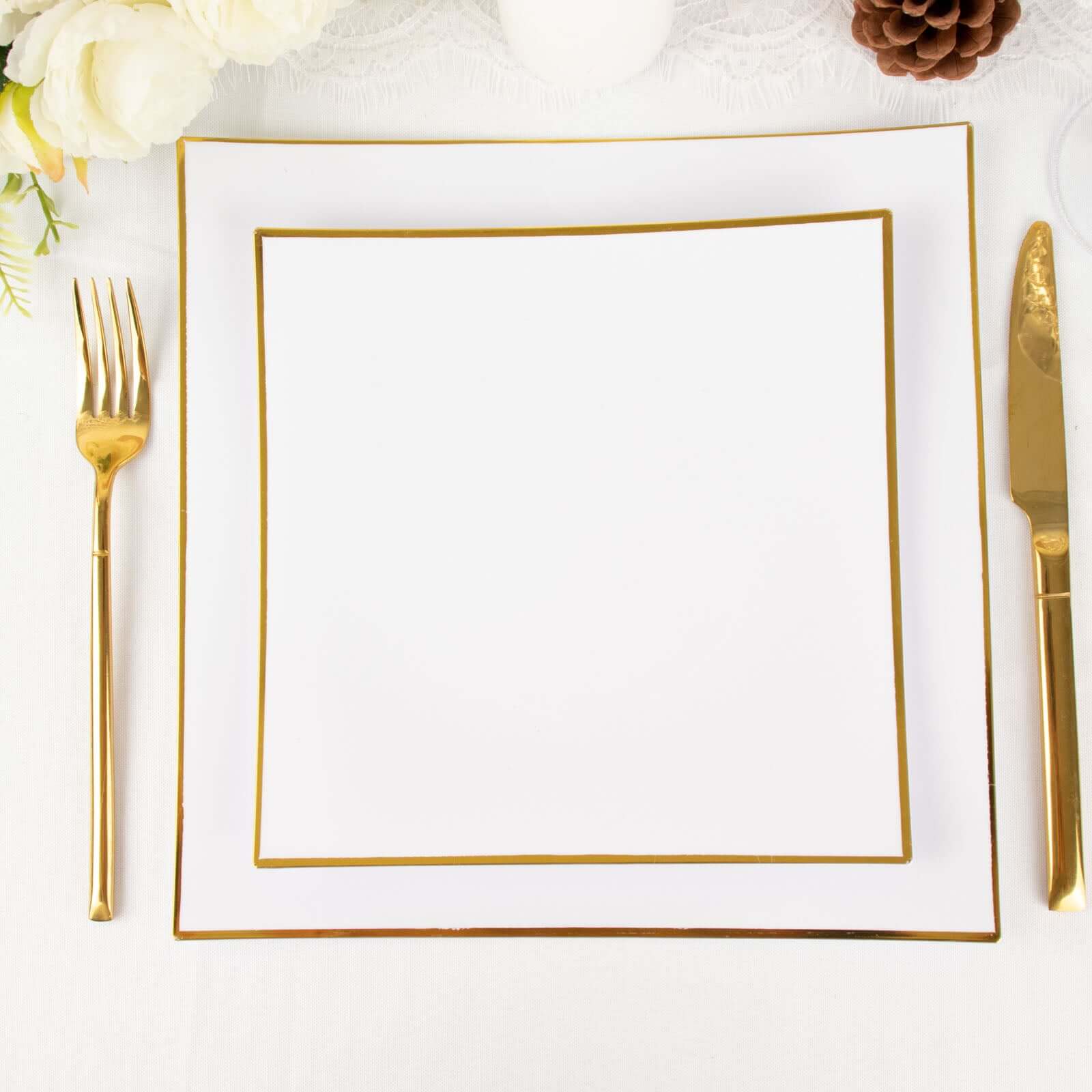 Hot Deal! 10-Pack White Concave Square Plastic Dessert Plates with Gold Rim - Ideal for Weddings & Special Events