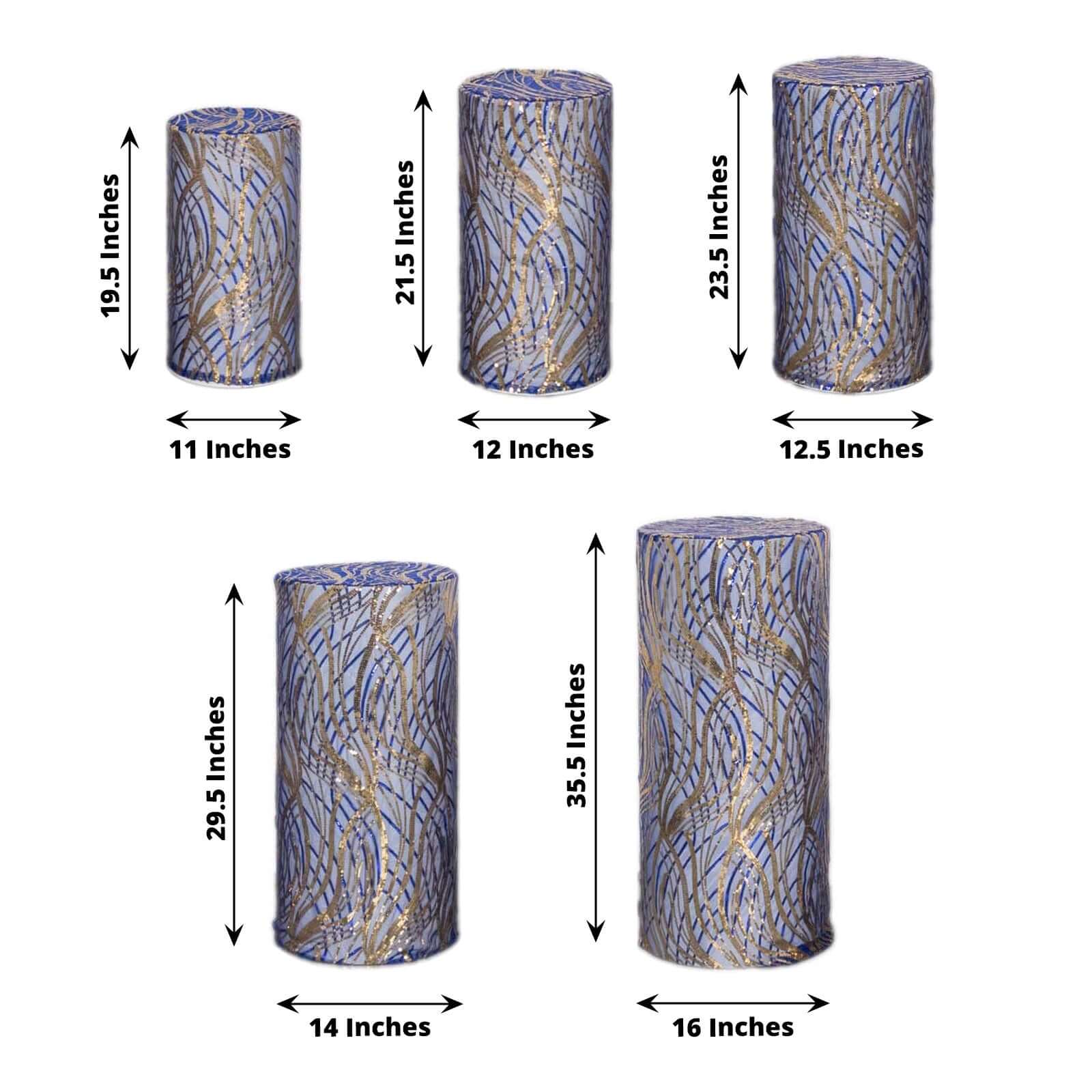 Hot Sale! Set of 5 Royal Blue Sequin Mesh Cylinder Pedestal Stand Covers with Wave Pattern