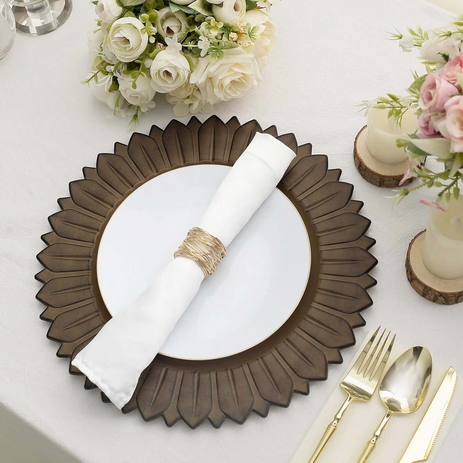 Hot Sale! 6-Pack 13in Plastic Round Disposable Dinner Charger Plates with Sunflower Rim, Matte Natural Finish