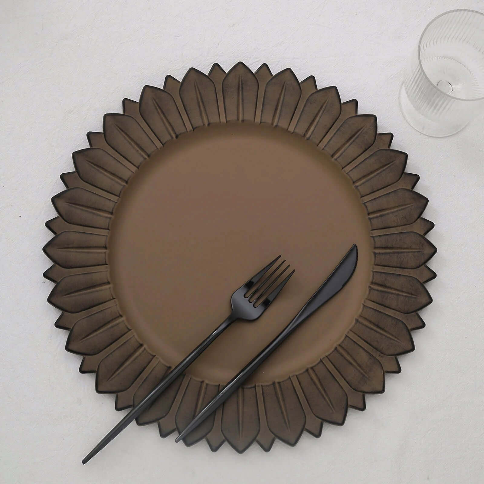 Hot Sale! 6-Pack 13in Plastic Round Disposable Dinner Charger Plates with Sunflower Rim, Matte Natural Finish