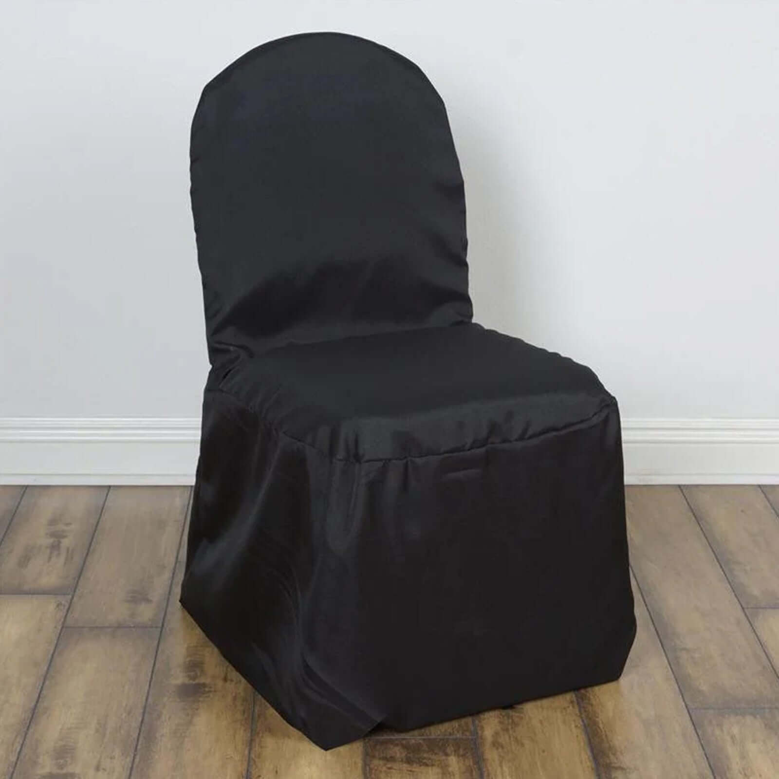 10-Pack Black Polyester Slip-On Chair Covers for Banquet Chairs - Stain-Resistant & Reusable