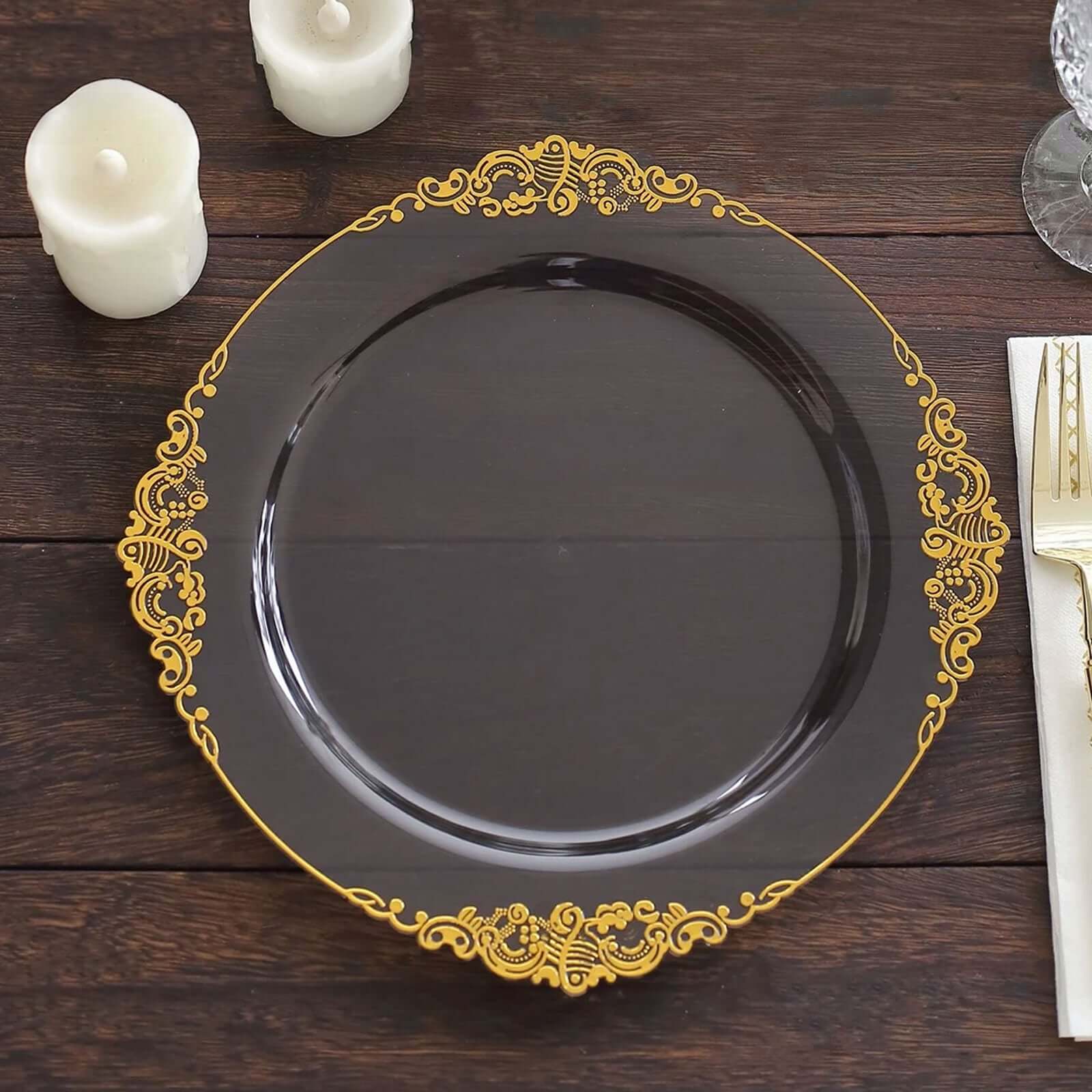10-Pack Disposable Vintage Baroque Plastic Round Dinner Plates - Transparent Black with Gold Leaf Embossed Rim
