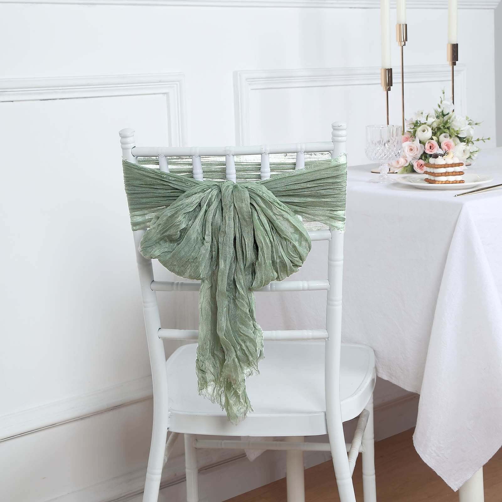 Set of 5 Dusty Sage Green Cheesecloth Chair Sashes, 16x88 Boho Decor