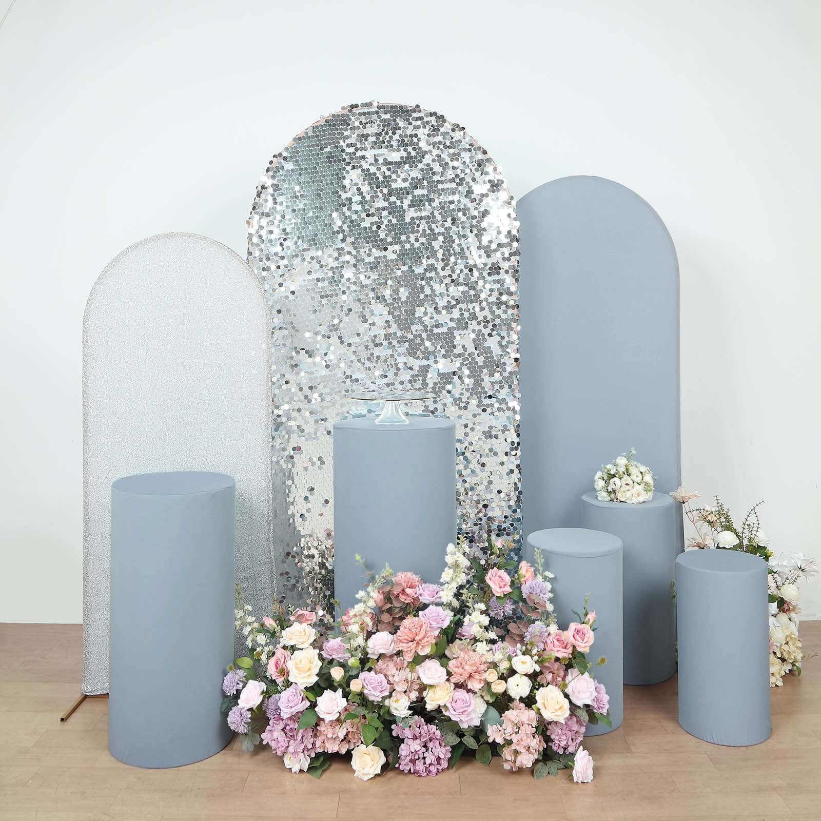5-Piece Set of Stretchy Dusty Blue Spandex Cylinder Pedestal Stand Covers - 160 GSM