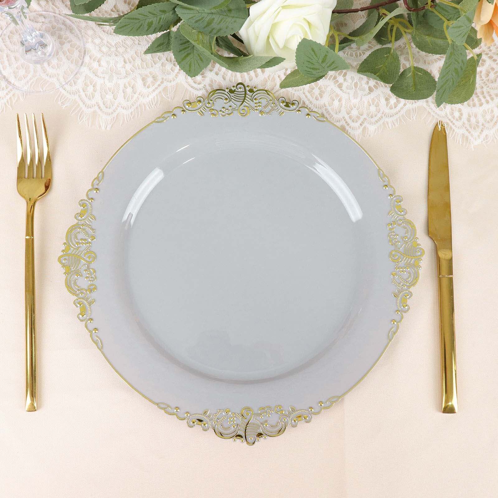 10-Piece Disposable Gray Plastic Round Dinner Plates with Gold Leaf Embossed Rim in Vintage Baroque Style