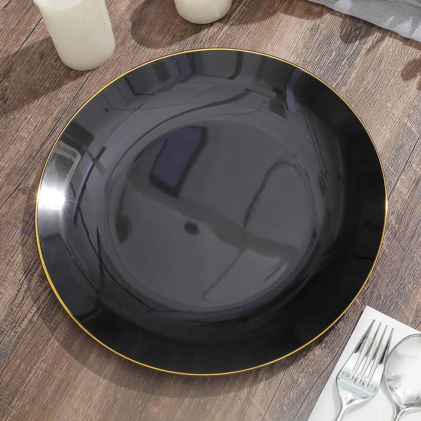 10-Piece Set of Glossy Black Plastic Dinner Plates with Gold Rim for Disposable Parties