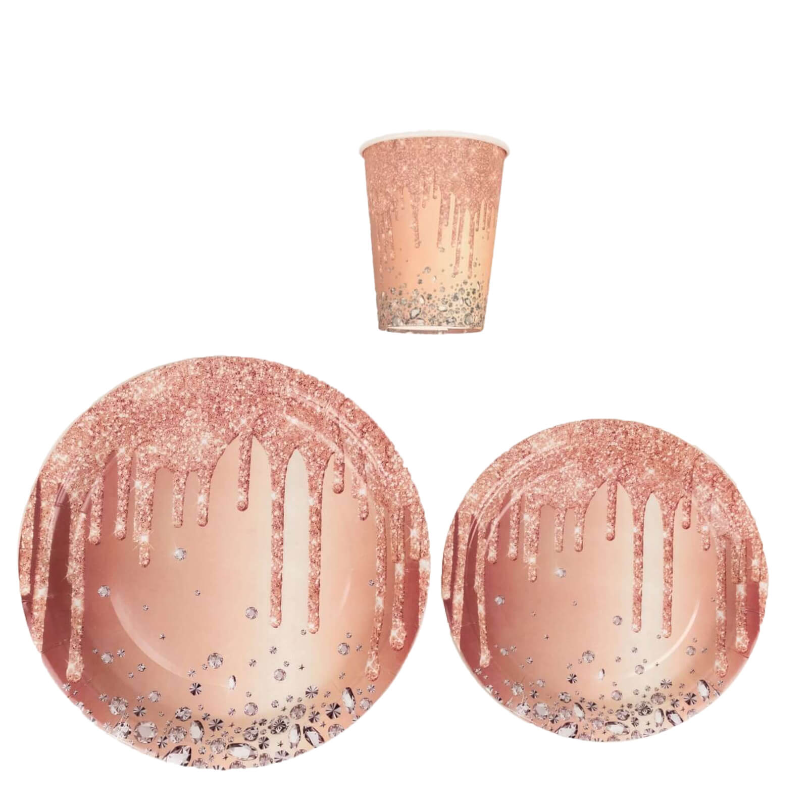 Hot Sale! 72-Piece Disposable Paper Dinnerware Set in Rose Gold with Diamond Glitter Drip Pattern