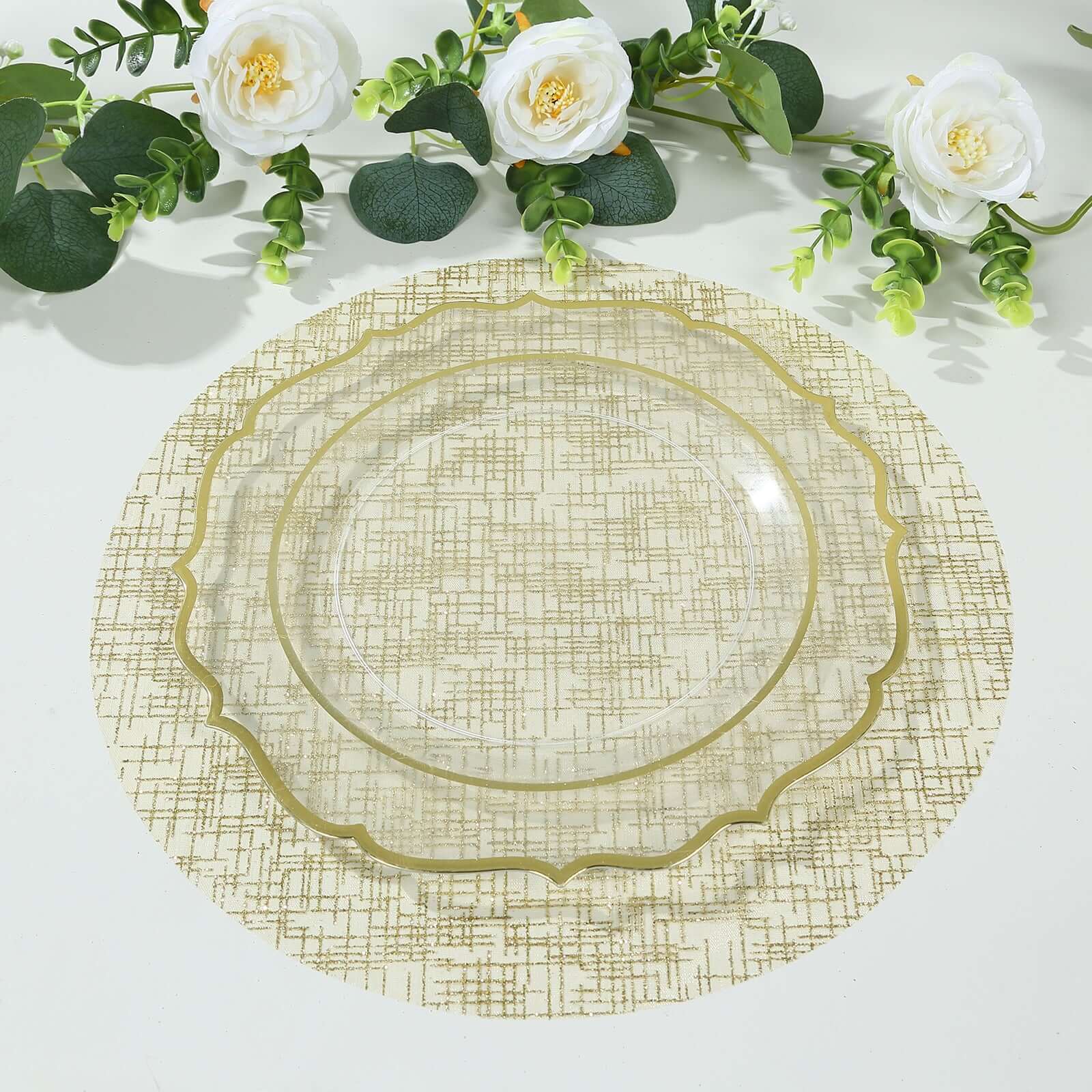 Hot Deal! 10-Pack Disposable Metallic Gold Round Table Placemats with Glitter Mesh Polyester Design