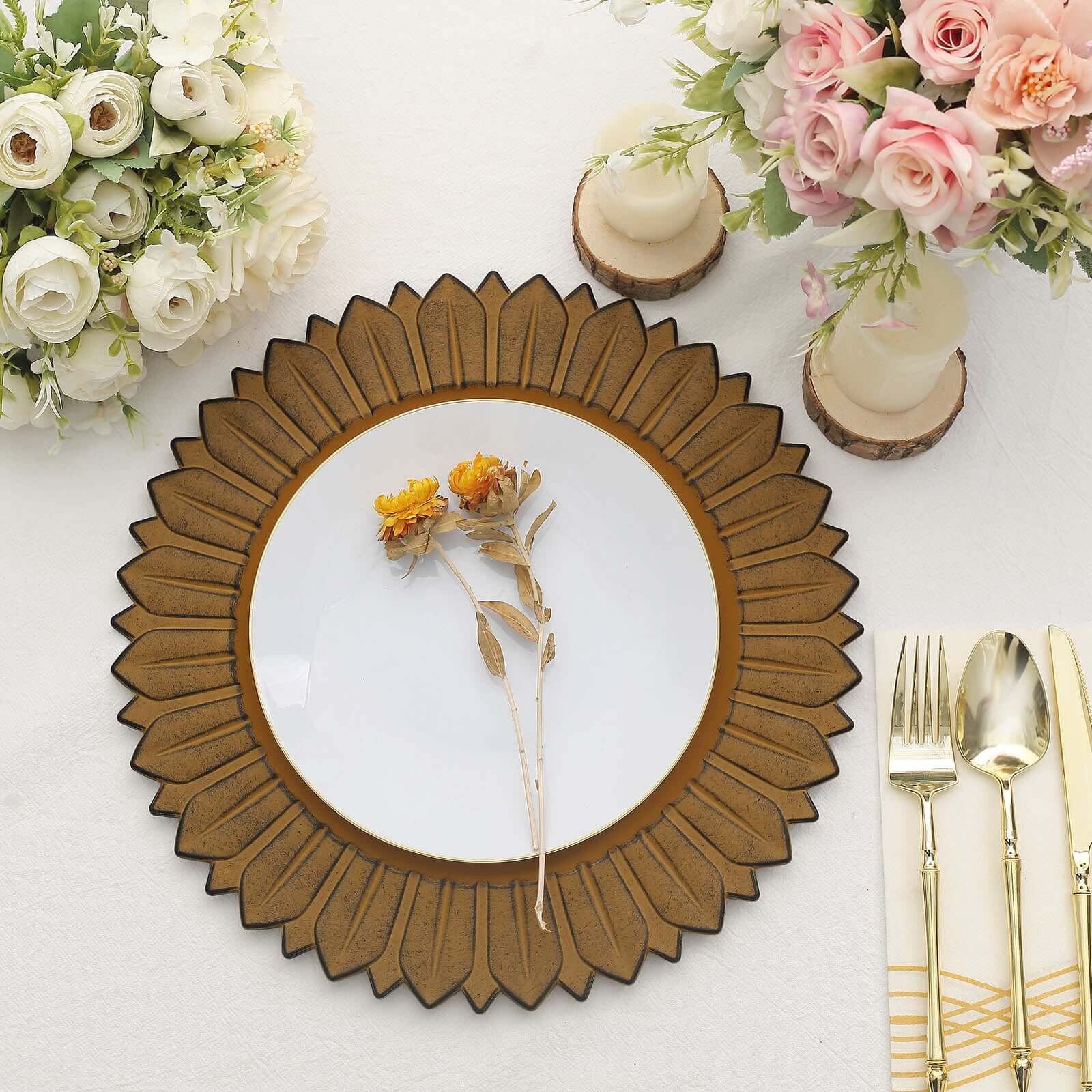 6-Piece Set of 13-Inch Matte Mustard Yellow Plastic Round Charger Plates with Sunflower Rim