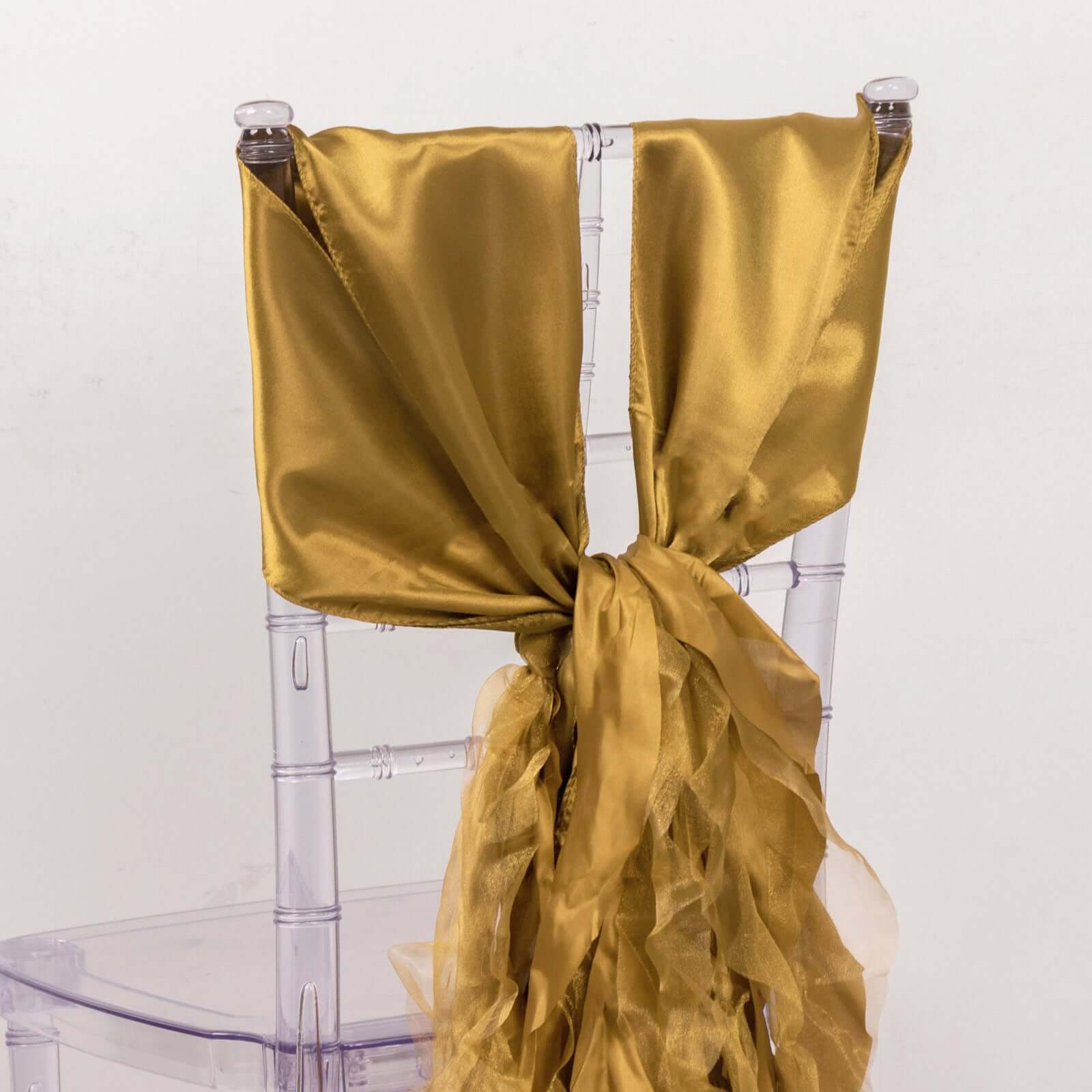 5-Pack Gold Chiffon Satin Curly Willow Chair Sashes - Easy Install, Ideal for Weddings
