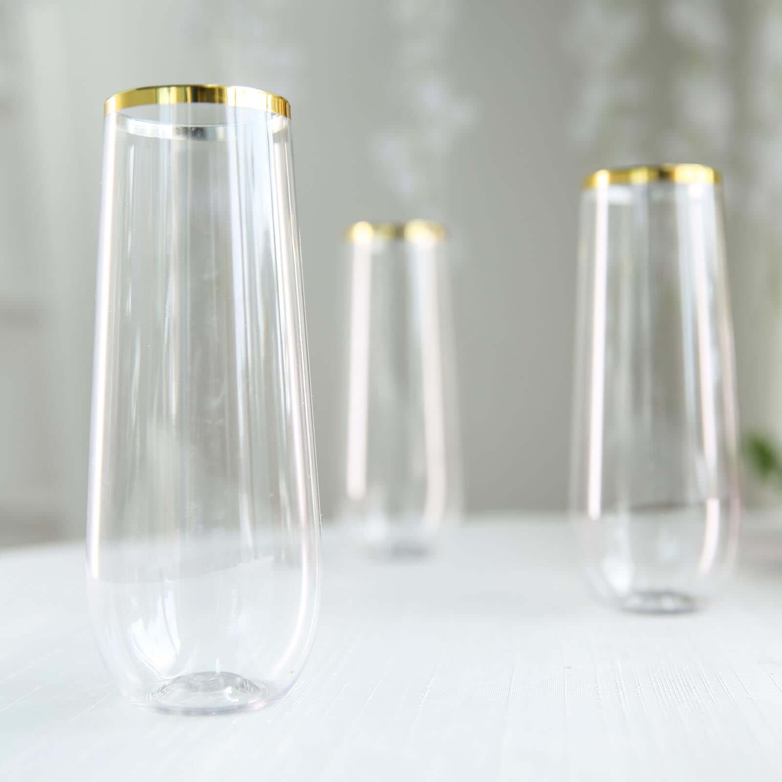 9oz Reusable 6-Pack Clear Plastic Stemless Champagne Flutes with Gold Rim