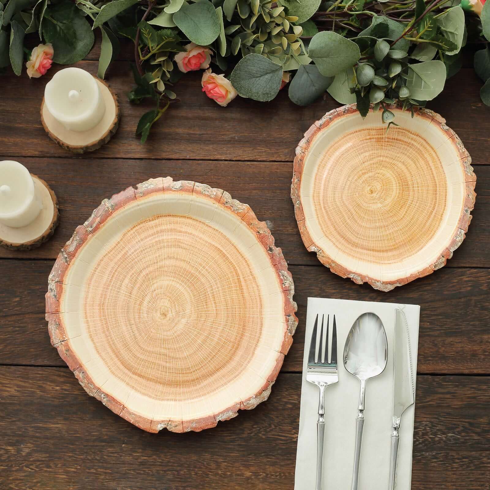 25-Pack Disposable 7-Inch Round Paper Dessert Plates with Natural Wood Slice Print for Rustic Farmhouse Events